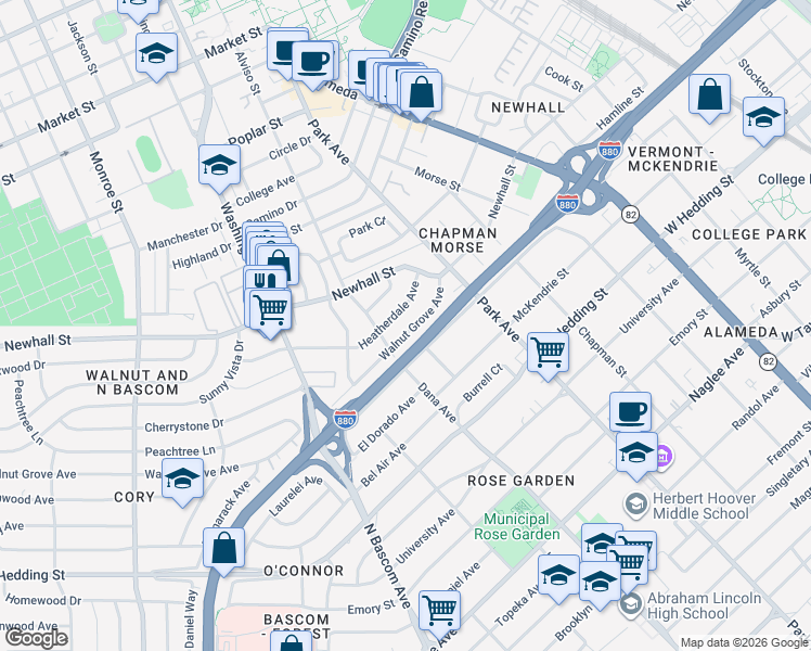 map of restaurants, bars, coffee shops, grocery stores, and more near 1578 Heatherdale Avenue in Santa Clara