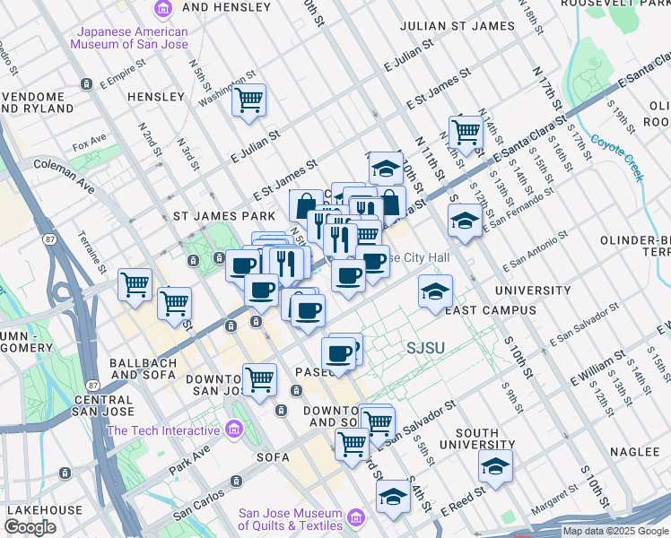 map of restaurants, bars, coffee shops, grocery stores, and more near 200 East Santa Clara Street in San Jose