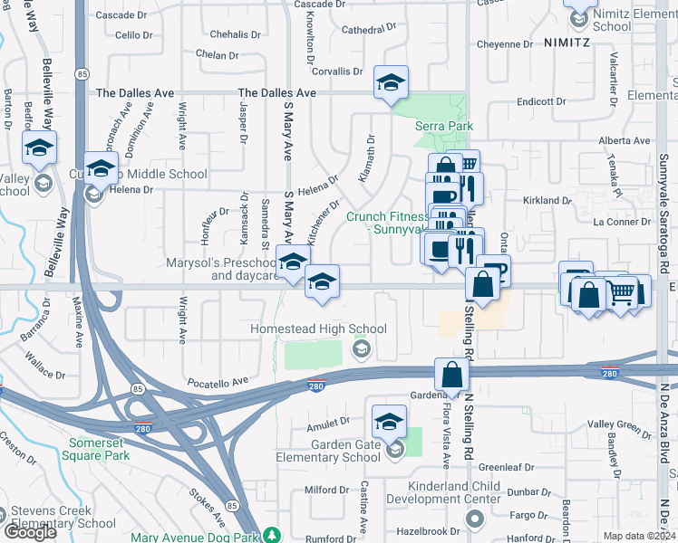 map of restaurants, bars, coffee shops, grocery stores, and more near 830 Louise Drive in Sunnyvale