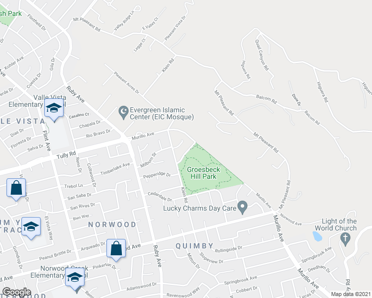 map of restaurants, bars, coffee shops, grocery stores, and more near 3611 Groesbeck Hill Drive in San Jose