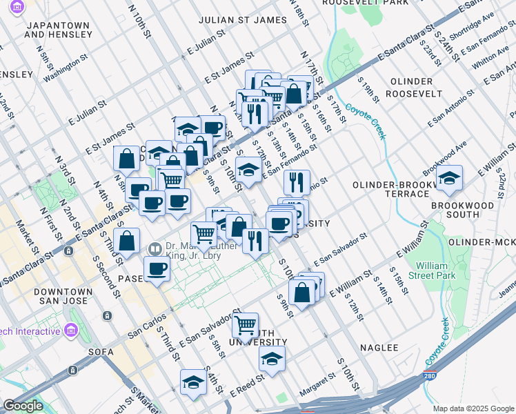 map of restaurants, bars, coffee shops, grocery stores, and more near 189 South 11th Street in San Jose