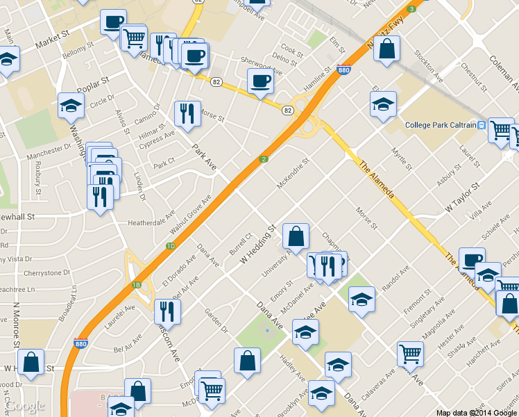 map of restaurants, bars, coffee shops, grocery stores, and more near 1961 Park Avenue in San Jose