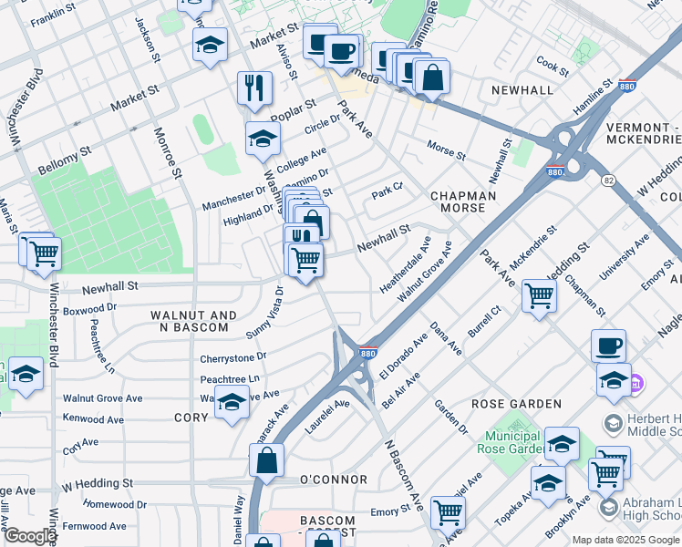map of restaurants, bars, coffee shops, grocery stores, and more near 1 Washington Street in Santa Clara
