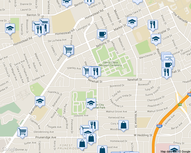 map of restaurants, bars, coffee shops, grocery stores, and more near 444 North Winchester Boulevard in Santa Clara