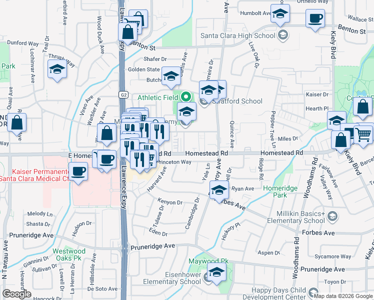 map of restaurants, bars, coffee shops, grocery stores, and more near 801 Cherry Orchard Place in Santa Clara