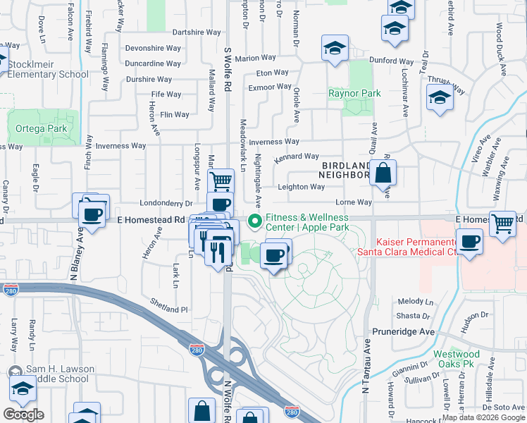 map of restaurants, bars, coffee shops, grocery stores, and more near 915 East Homestead Road in Sunnyvale