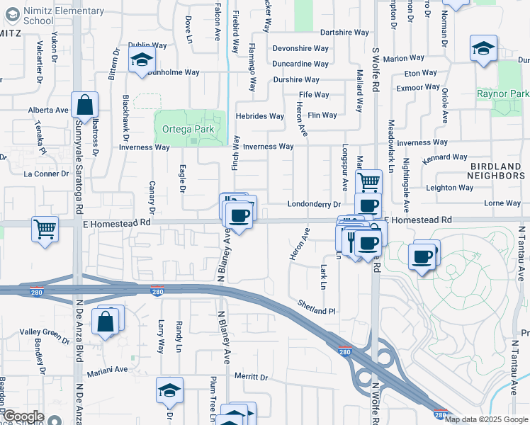 map of restaurants, bars, coffee shops, grocery stores, and more near 737 East Homestead Road in Sunnyvale