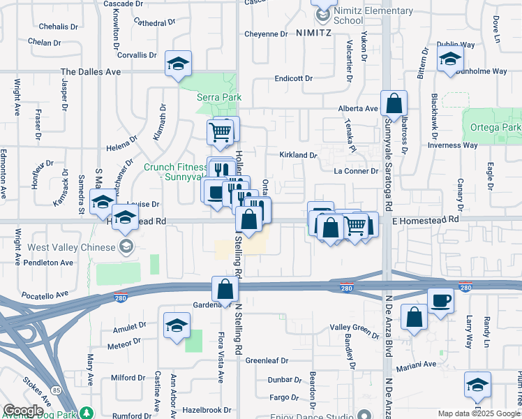 map of restaurants, bars, coffee shops, grocery stores, and more near 1699 Ontario Drive in Sunnyvale