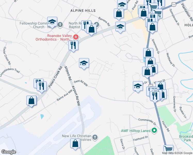 map of restaurants, bars, coffee shops, grocery stores, and more near 713 Lakeview Circle in Roanoke