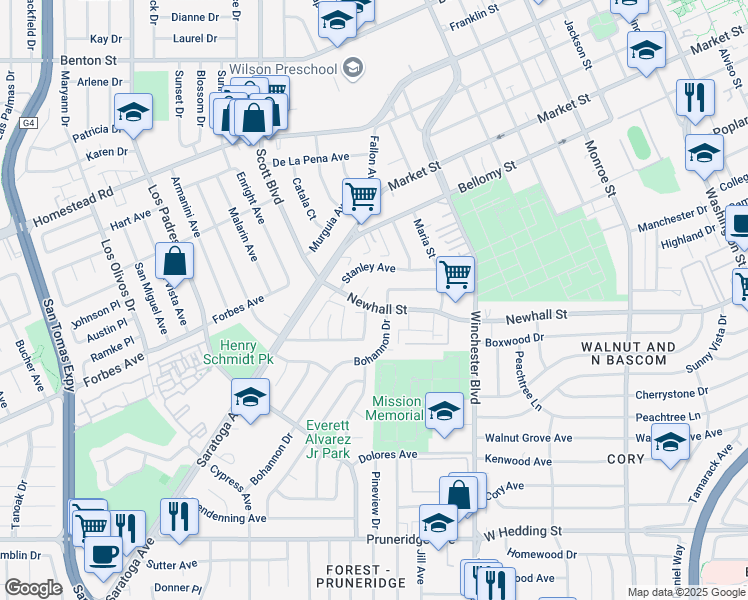 map of restaurants, bars, coffee shops, grocery stores, and more near 2725 Newhall Street in Santa Clara
