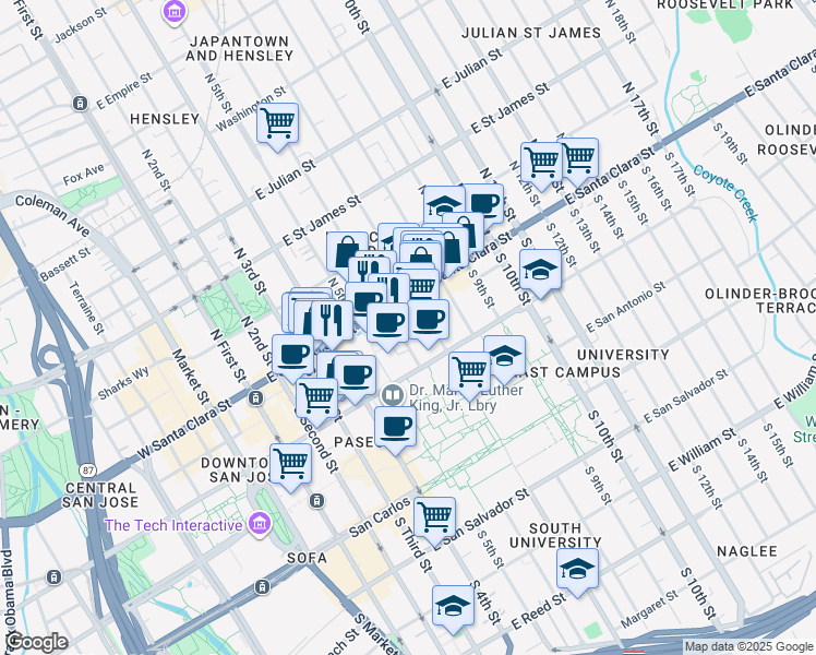 map of restaurants, bars, coffee shops, grocery stores, and more near 272 East Santa Clara Street in San Jose