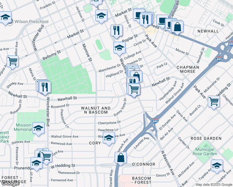 map of restaurants, bars, coffee shops, grocery stores, and more near 2185 Newhall Street in Santa Clara