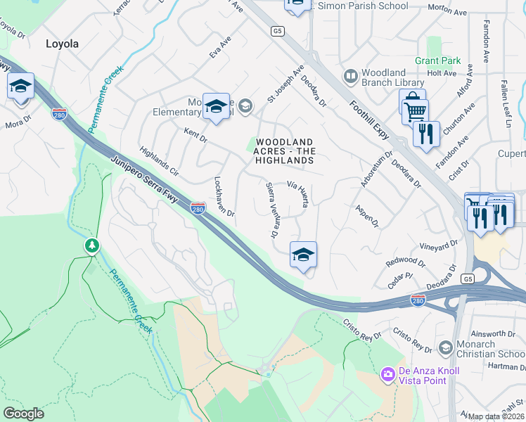 map of restaurants, bars, coffee shops, grocery stores, and more near 2171 Vía Escalera in Los Altos