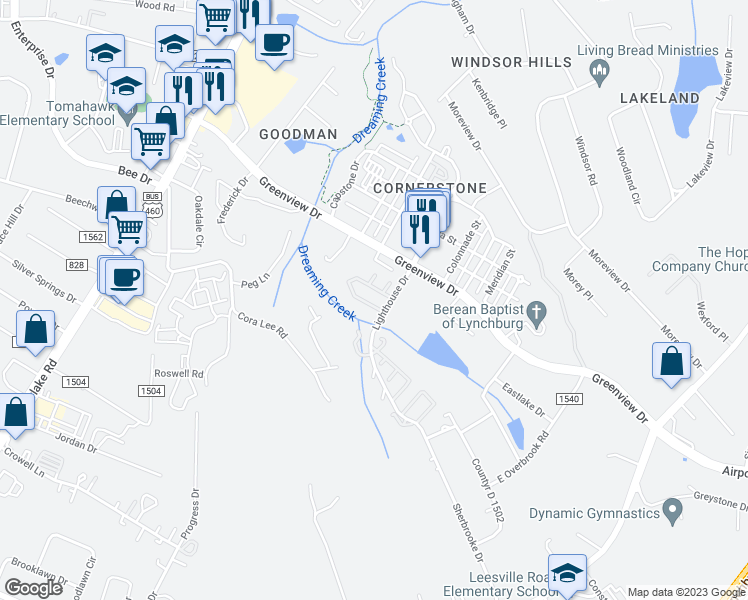 map of restaurants, bars, coffee shops, grocery stores, and more near 33 Mulberry Circle in Lynchburg