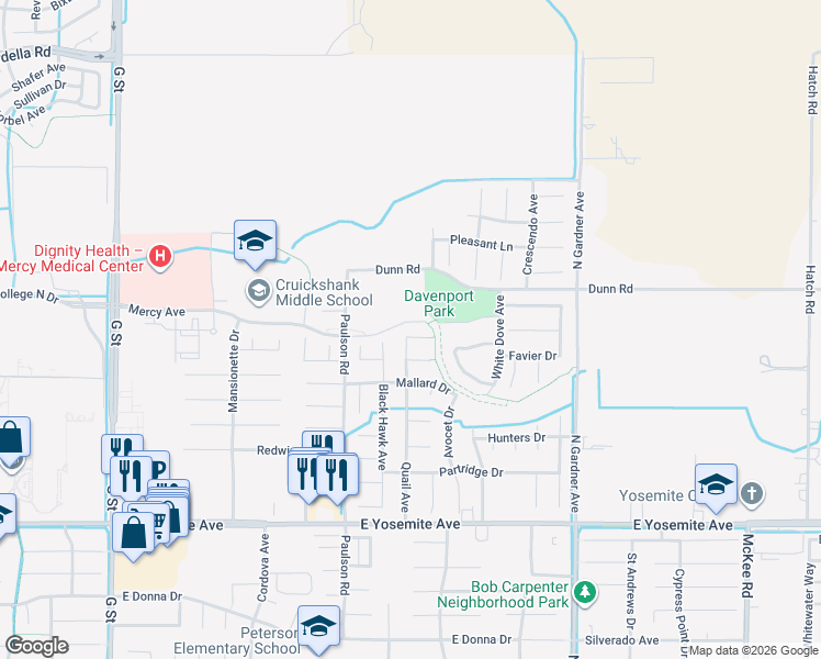 map of restaurants, bars, coffee shops, grocery stores, and more near 1121 Sprig Court in Merced