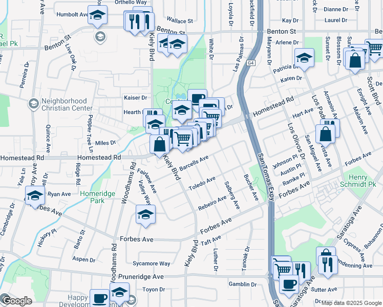 map of restaurants, bars, coffee shops, grocery stores, and more near 2706 Homestead Road in Santa Clara
