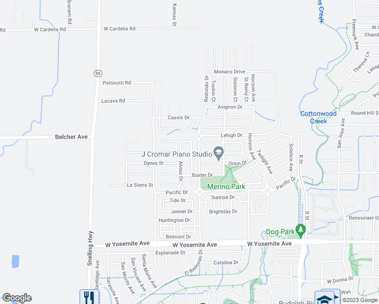 map of restaurants, bars, coffee shops, grocery stores, and more near 3925 Derby Drive in Merced