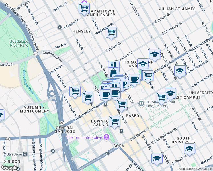 map of restaurants, bars, coffee shops, grocery stores, and more near 82 North 2nd Street in San Jose
