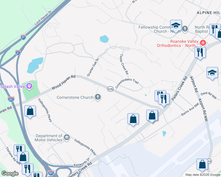 map of restaurants, bars, coffee shops, grocery stores, and more near 6920 Wood Haven Road in Hollins