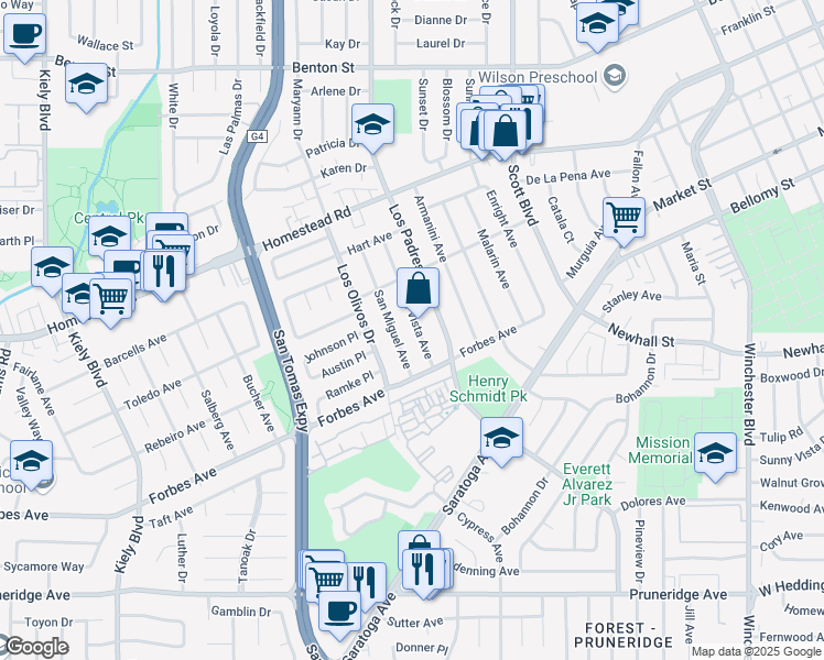 map of restaurants, bars, coffee shops, grocery stores, and more near 644 Clara Vista Avenue in Santa Clara