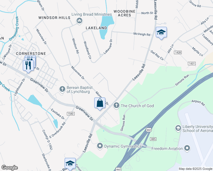 map of restaurants, bars, coffee shops, grocery stores, and more near 107 Wexford Place in Lynchburg