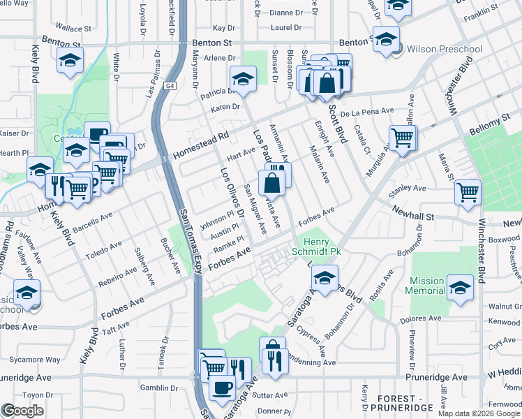 map of restaurants, bars, coffee shops, grocery stores, and more near 644 Clara Vista Avenue in Santa Clara