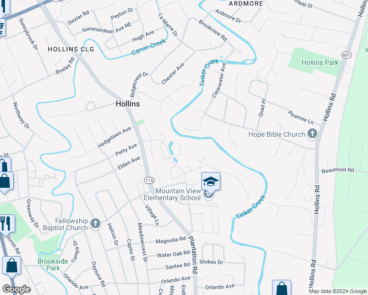 map of restaurants, bars, coffee shops, grocery stores, and more near 6126 Greyholme Lane in Hollins