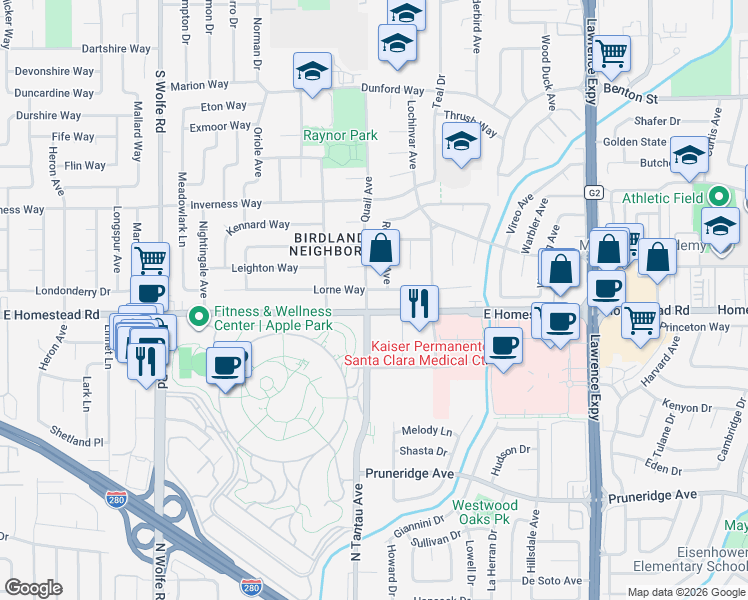 map of restaurants, bars, coffee shops, grocery stores, and more near 1041 East Homestead Road in Sunnyvale