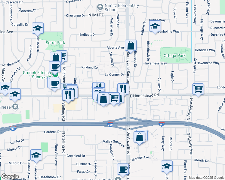 map of restaurants, bars, coffee shops, grocery stores, and more near 20644 Mapletree Place in Cupertino