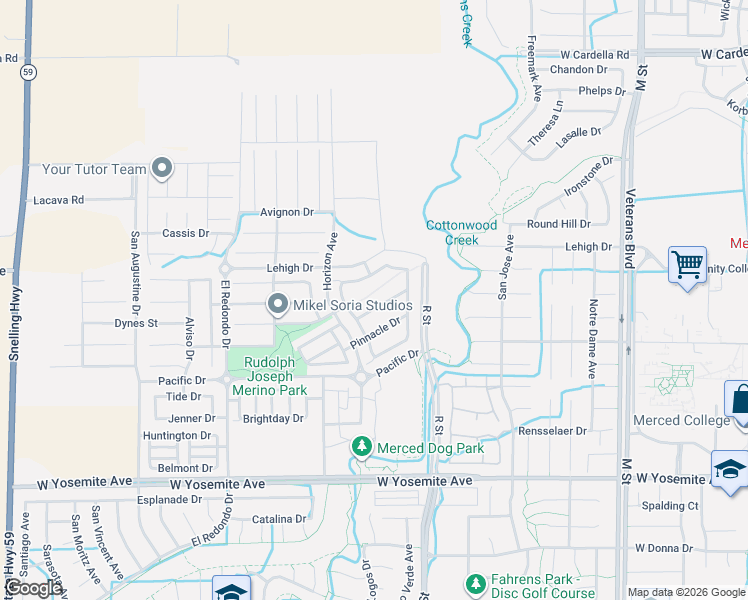 map of restaurants, bars, coffee shops, grocery stores, and more near 1169 Crescent Drive in Merced