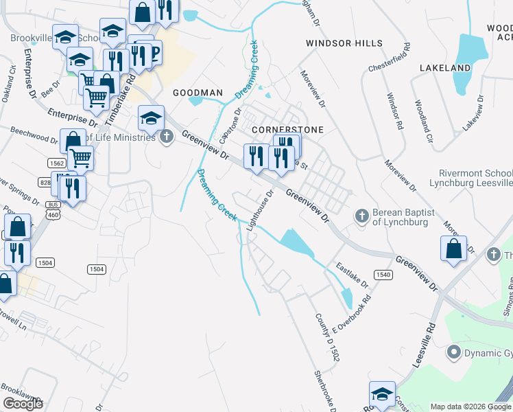 map of restaurants, bars, coffee shops, grocery stores, and more near 23 Mulberry Circle in Lynchburg