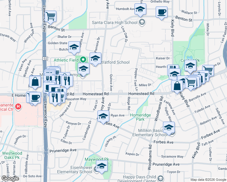 map of restaurants, bars, coffee shops, grocery stores, and more near 3133 Homestead Road in Santa Clara