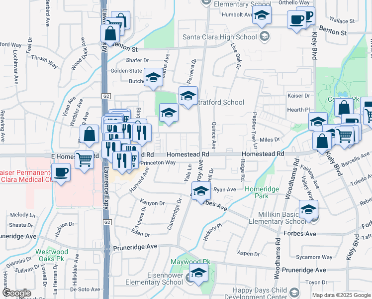 map of restaurants, bars, coffee shops, grocery stores, and more near 3335 Homestead Road in Santa Clara