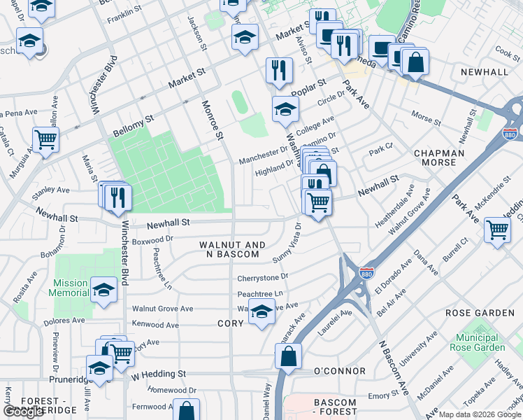 map of restaurants, bars, coffee shops, grocery stores, and more near 2257 Newhall Street in Santa Clara