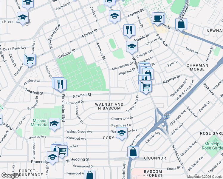 map of restaurants, bars, coffee shops, grocery stores, and more near 2307 Newhall Street in San Jose