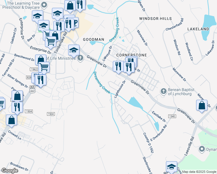map of restaurants, bars, coffee shops, grocery stores, and more near 88 Mulberry Circle in Lynchburg