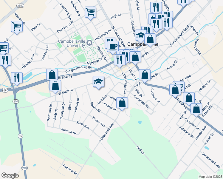 map of restaurants, bars, coffee shops, grocery stores, and more near 301 Bell Avenue in Campbellsville