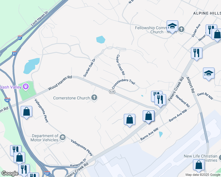 map of restaurants, bars, coffee shops, grocery stores, and more near 6914 Wood Haven Road in Roanoke