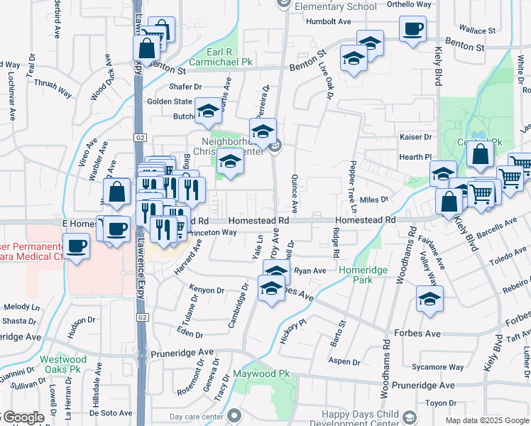 map of restaurants, bars, coffee shops, grocery stores, and more near in Santa Clara