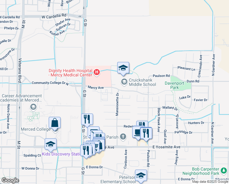 map of restaurants, bars, coffee shops, grocery stores, and more near 3673-3699 Mansionette Dr in Merced