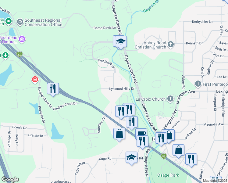 map of restaurants, bars, coffee shops, grocery stores, and more near 1980 Golden Eagle Court in Cape Girardeau