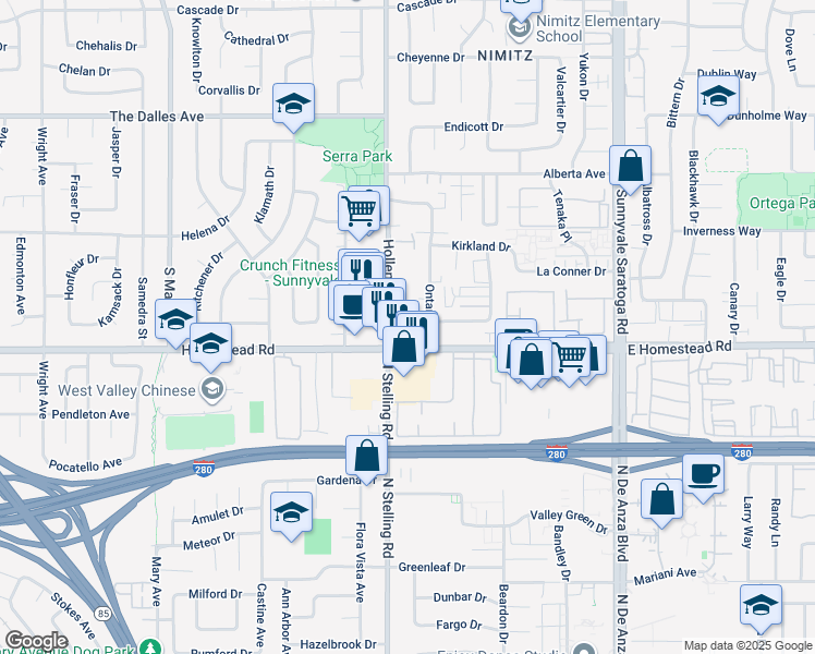 map of restaurants, bars, coffee shops, grocery stores, and more near 1674 Hollenbeck Avenue in Sunnyvale