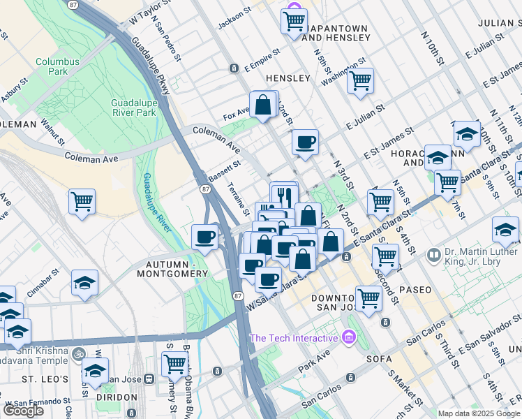 map of restaurants, bars, coffee shops, grocery stores, and more near 175 West Saint James Street in San Jose