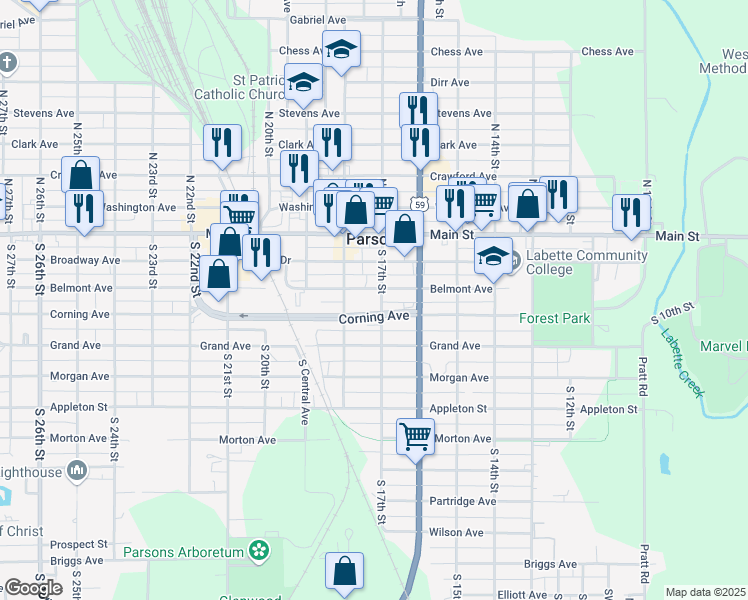 map of restaurants, bars, coffee shops, grocery stores, and more near 311 South 17th Street in Parsons