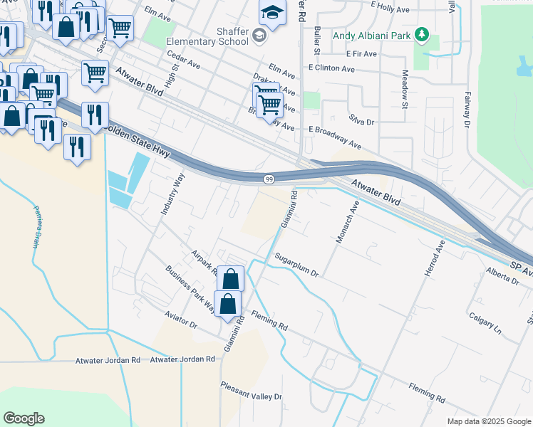 map of restaurants, bars, coffee shops, grocery stores, and more near 3465 Giannini Road in Atwater