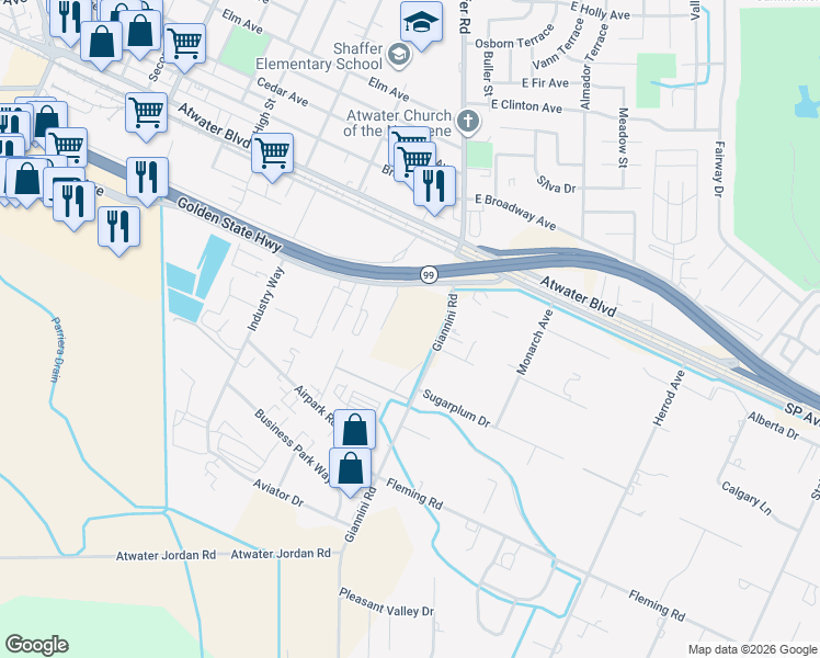 map of restaurants, bars, coffee shops, grocery stores, and more near 230 Commerce Avenue in Atwater