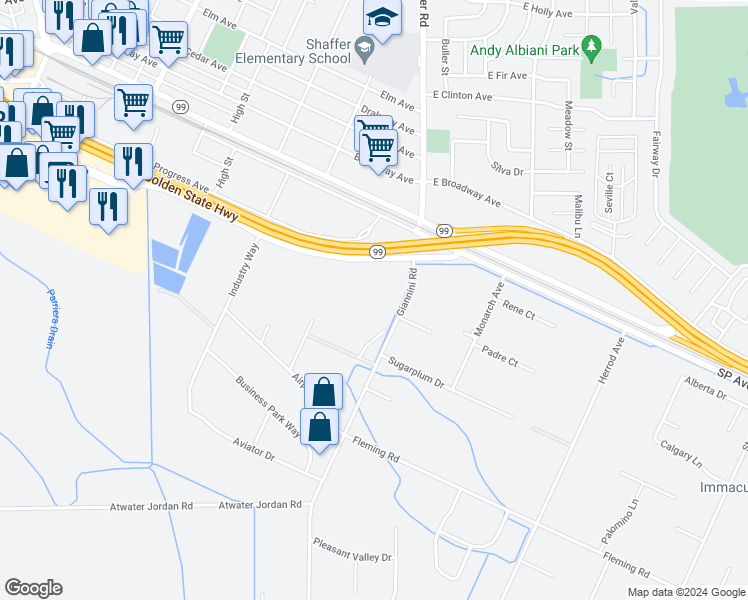 map of restaurants, bars, coffee shops, grocery stores, and more near 3465 Giannini Road in Atwater