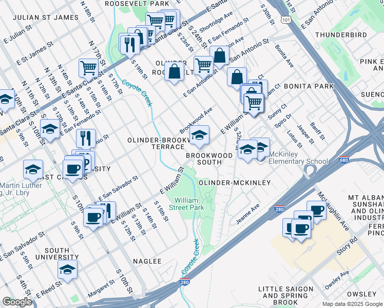 map of restaurants, bars, coffee shops, grocery stores, and more near 396 South 18th Street in San Jose