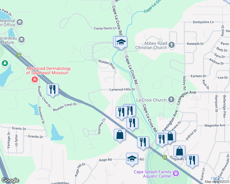 map of restaurants, bars, coffee shops, grocery stores, and more near 2795 Lynwood Hills Drive in Cape Girardeau