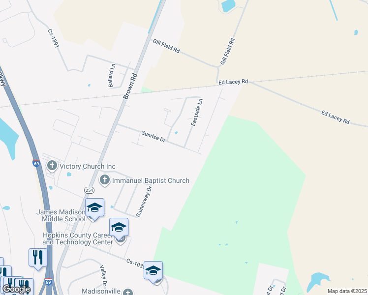map of restaurants, bars, coffee shops, grocery stores, and more near 1001 Eastside Lane in Madisonville